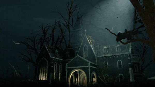 玩家视角下的密室内部场景，书架上摆满古籍，桌上散落着信件与机械零件，墙上挂着一幅眼神诡异的家族肖像画