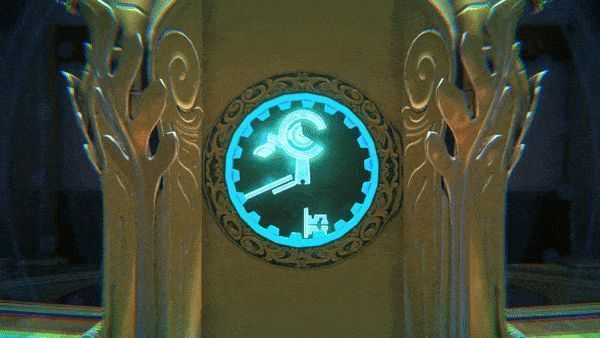 玩家使用透视目镜查看一个古董箱的内部结构，透明化显示内部齿轮、弹簧与密码锁联动机制，界面带有科技感高光特效