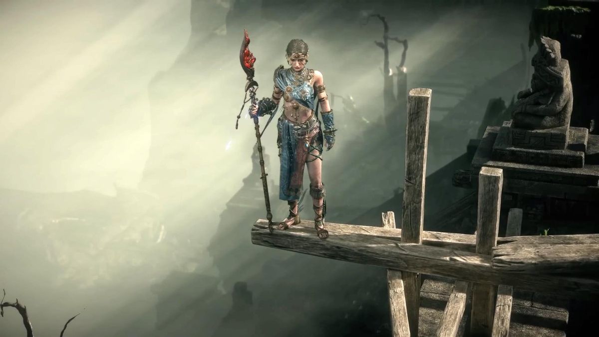 战士角色挥舞巨斧劈砍怪物，地面裂开，尘土飞扬