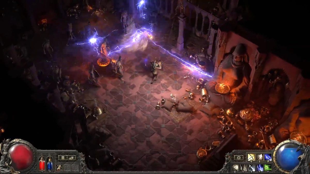 暗黑风格城镇场景，篝火旁聚集多名玩家角色，氛围紧张