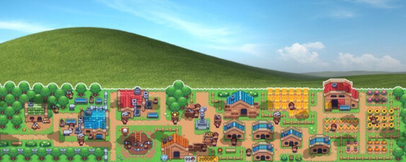 《麦穗镇物语：放置好时光》游戏主界面展示，一个温馨的微缩小镇静静坐落于电脑桌面右下角，房屋错落有致，居民悠闲行走