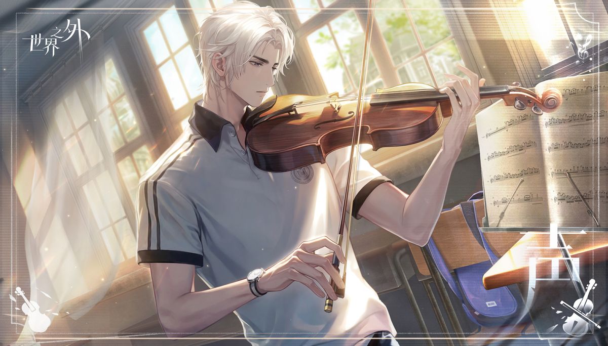 夏萧因「声」坐在音乐教室钢琴前，手指轻触琴键，光影交错