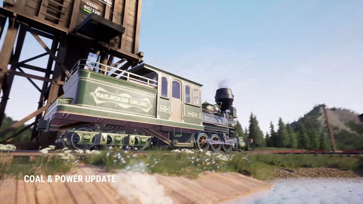 多辆火车在复杂道岔系统中有序行驶，远处有玩家正在搭建高架桥