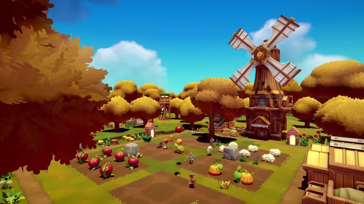 六名玩家角色站在城堡前合影，各自手持不同武器与资源，气氛欢乐