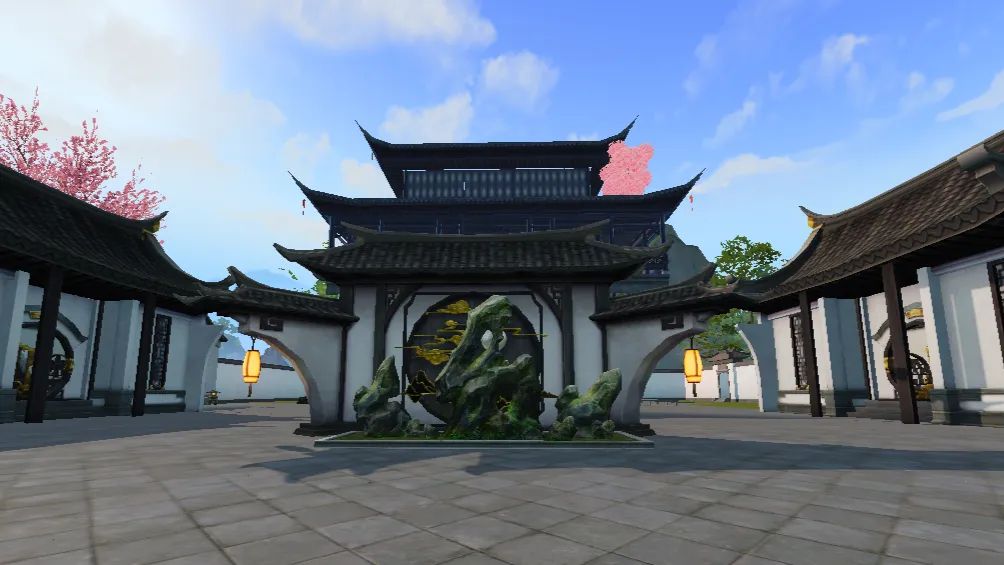 影壁前假山覆满青苔，金色云纹装饰中央，两侧厢房对称，阶梯通往悬空阁楼