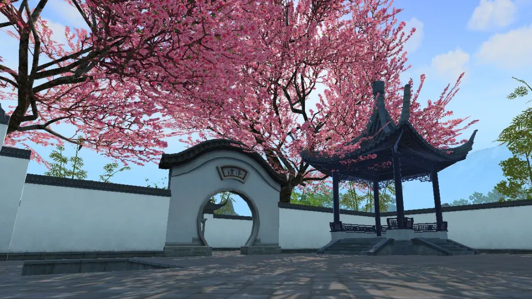 青白矮墙围成的小院，桃花盛开于墙外如云霞，亭子静立院中树荫下