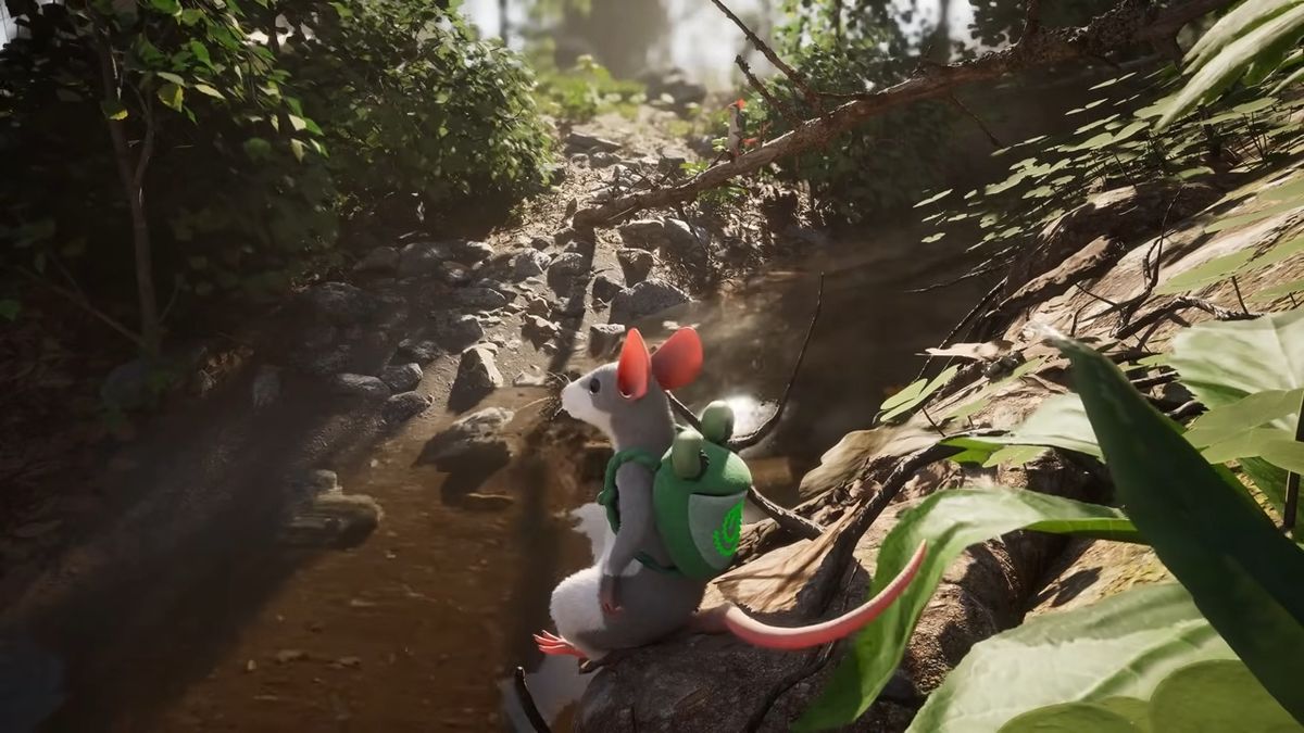 《Hela》游戏画面展示：一只小老鼠在阳光洒落的森林草地上奔跑，背景是北欧风格的木屋与盛开的野花，整体氛围温暖宁静