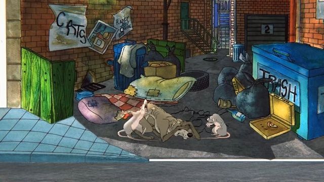 《废城喵游记》游戏画面展示，一只卡通风格的猫咪站在夕阳下的废墟城市高处，背景为手绘水彩风格的天空与残破建筑，整体氛围温暖而略带忧伤