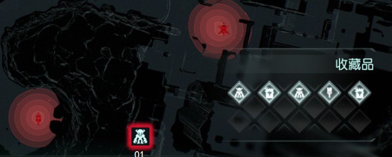 卡林村蓝色门后隐藏房间内的恶魔玩具幼魔位置示意图，场景昏暗，玩具位于石台之上