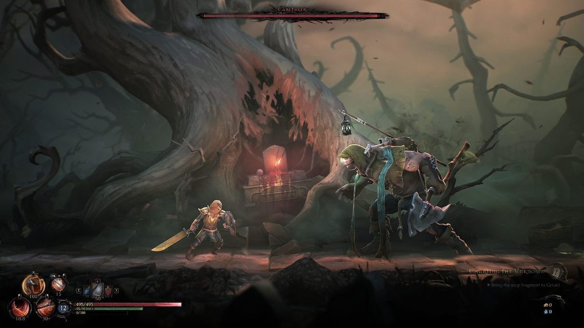 《曼德拉》游戏场景展示，主角手持双刃在废墟中对抗巨型怪物，背景为暗红色天空与崩塌的城堡