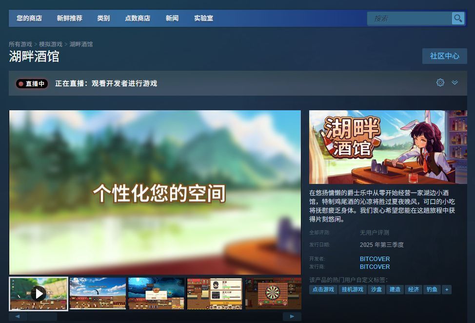 《湖畔酒馆》Steam商店页面截图，显示游戏名称、开发商信息、价格标签及用户评价星级