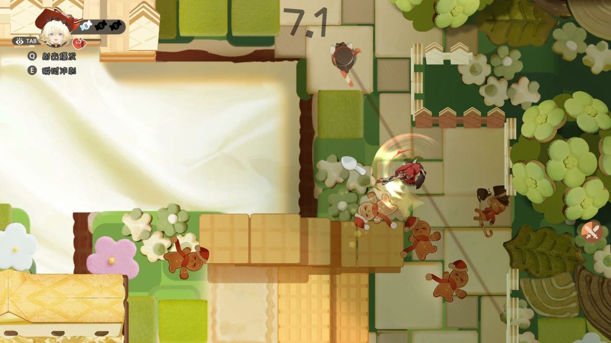 战斗场景截图，主角在糖果风格的战场上高速闪避，周围敌人被击飞，技能特效绚丽