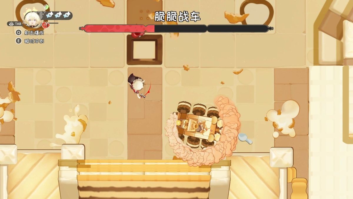 剧情对话场景，主角与一位甜点精灵角色互动，画风清新幽默