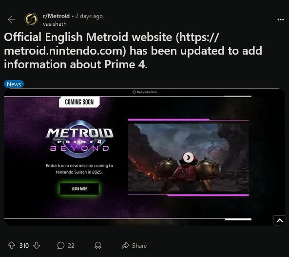 《银河战士Prime 4》官网更新页面截图，显示‘2025年登陆Nintendo Switch’的官方标语