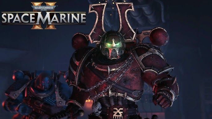 《战锤40K：星际战士2》游戏战斗场景，主角身穿重型动力装甲与敌人激烈交火