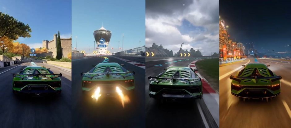 车辆在湿滑路面上行驶，轮胎溅起水花，光影效果真实