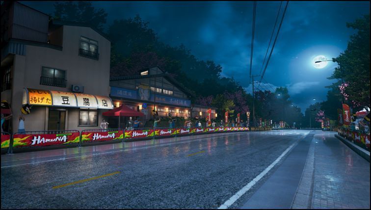 游戏内【榛名山】赛道实机画面，五连发卡弯极具挑战性