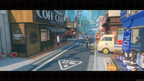 六分街白天街景，NPC在店铺间走动，玩家与店员互动