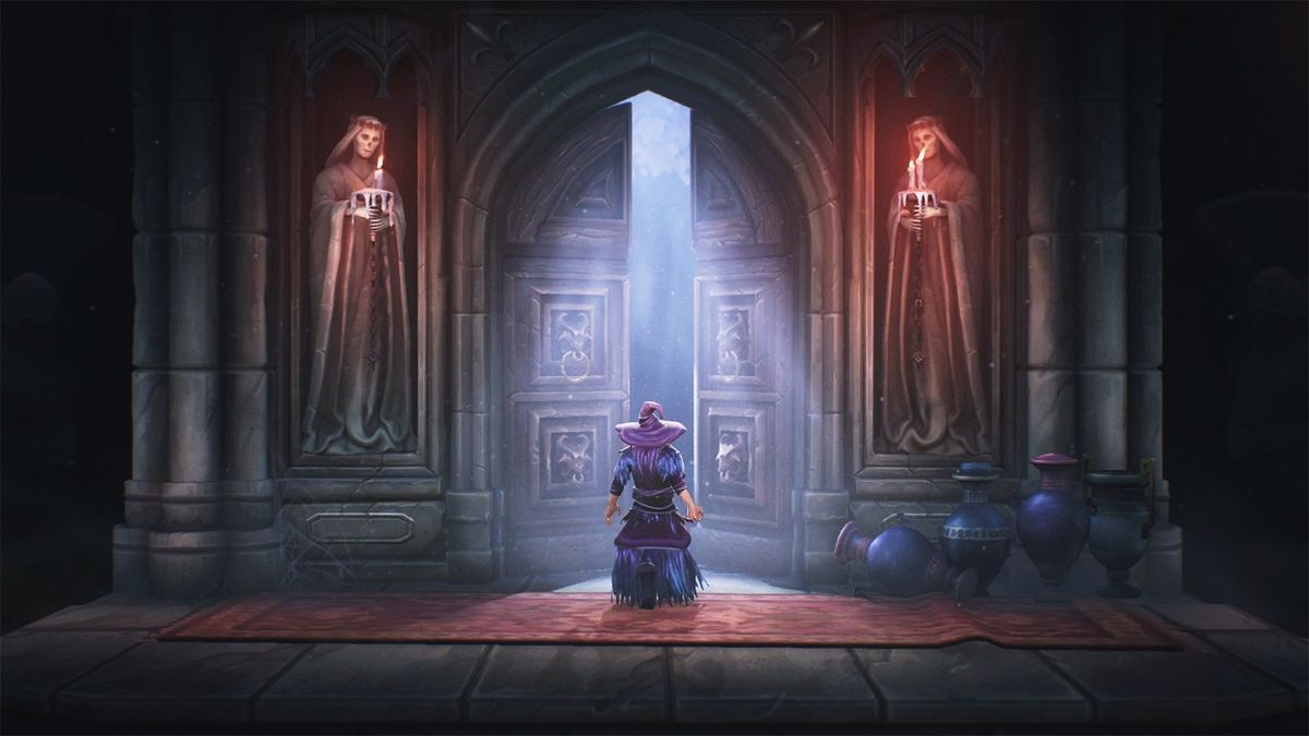 工匠NPC在火炉前锻造武器，火花四溅，工作台上摆放着神秘符文