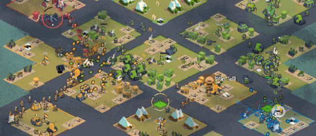 两名玩家在本地分屏对战，各自操控阵营，神情专注，氛围紧张