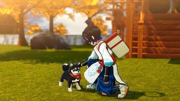 主角与柴犬行走在晨光中的田野小径上，远处有炊烟袅袅的村庄，画面温馨宁静