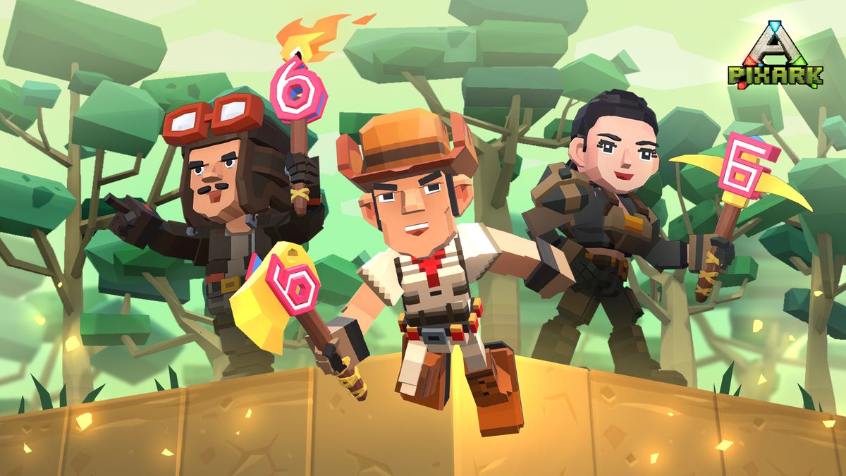 《方块方舟》游戏主视觉图，展示由方块构成的岛屿与飞行恐龙共存的奇幻场景