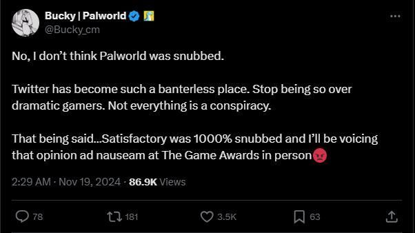 推特截图显示《幻兽帕鲁》社区经理Bucky发文回应TGA提名争议，语气平和但立场坚定