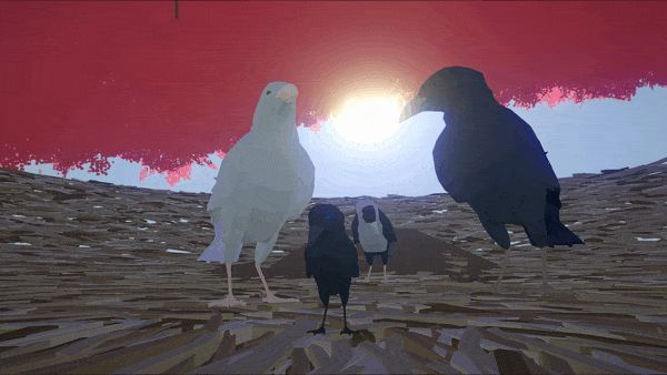 GIF动画：乌鸦站在岩石上回头看向玩家，张嘴发出‘嘎’的一声，周围鸟群随之飞起