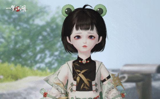 《一梦江湖》头挂·看看我哇佩戴效果，角色头顶一对大大的青蛙眼睛，萌感十足