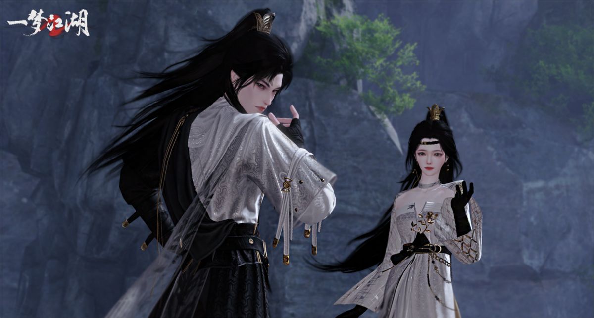 《一梦江湖》时装·竹影墨翎正面展示，角色身着墨色长袍，竹叶纹路精致，金枝点缀腰间