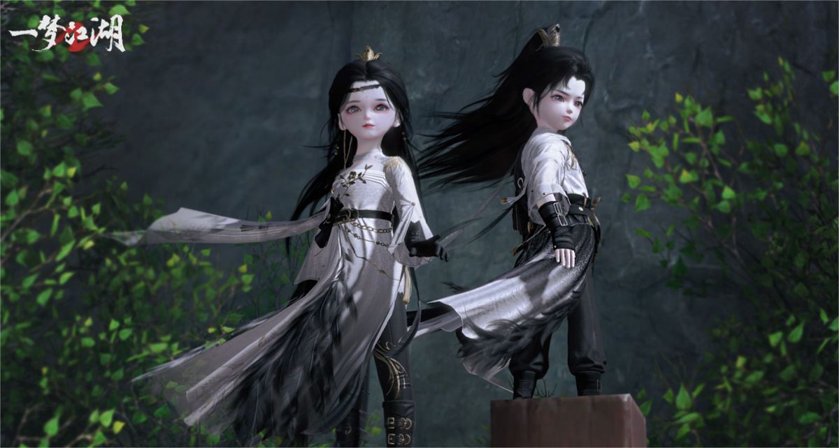 《一梦江湖》时装·竹影墨翎侧面展示，轻纱飘动，鸦羽纹路清晰，整体气质清冷