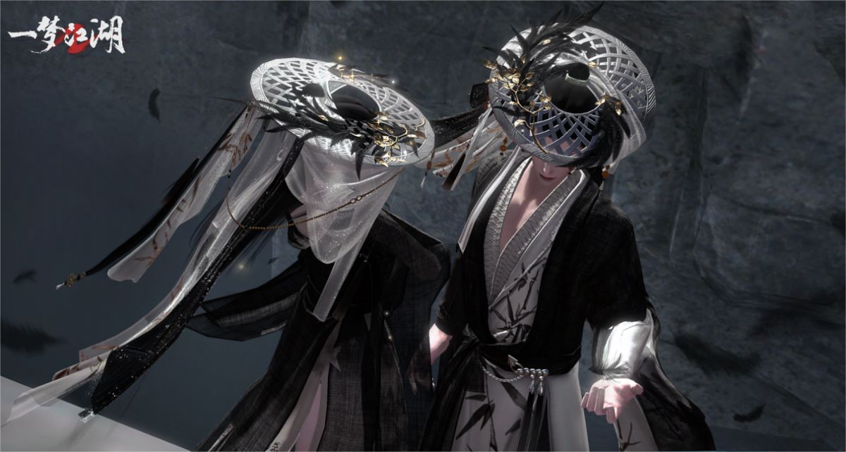 《一梦江湖》头饰·疏篁澹月佩戴效果，黑白纱饰与金枝搭配，古风十足