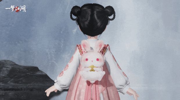 《一梦江湖》背挂·沁心兔·皎兮展示，白色兔子怀抱星星，表情呆萌可爱