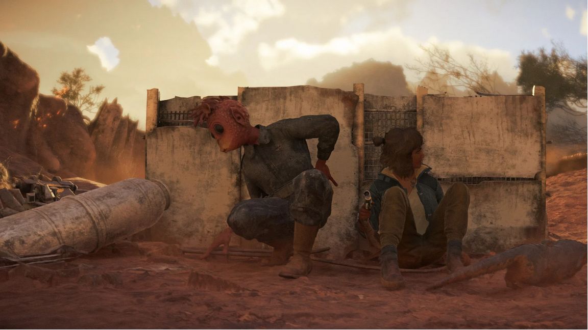 游戏内战斗场景，主角凯·维斯与同伴在街道上与帝国士兵交火，激光子弹划破夜空，背景为典型的外星城市景观