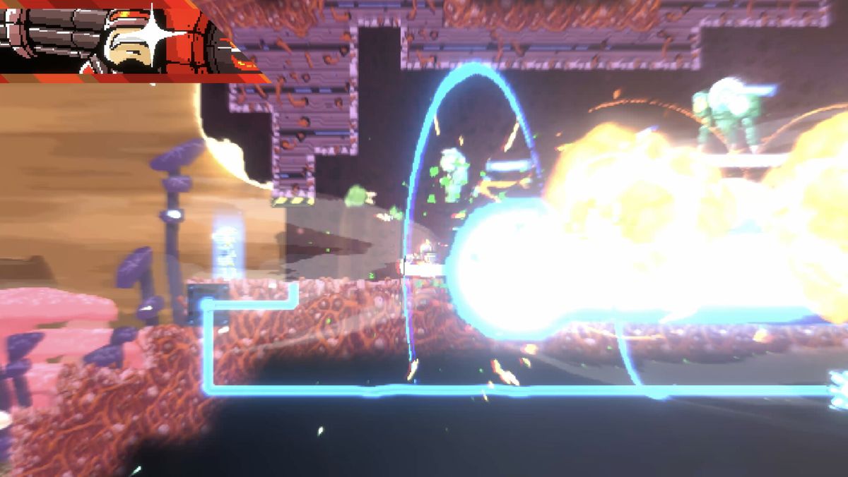 主角凯文在废墟中站立，机械义体闪烁着红光，眼神坚定地望向远方