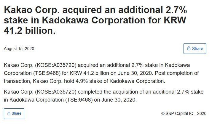 Kakao公司标志与角川出版物并列展示，象征两家公司在文化内容领域的交集与竞争