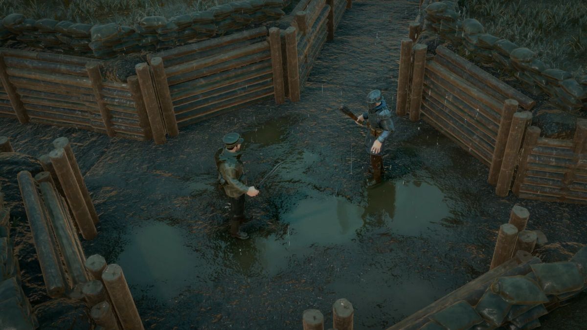 玩家在战壕中协作作战，背景可见坦克残骸与爆炸火光，展现激烈战斗氛围