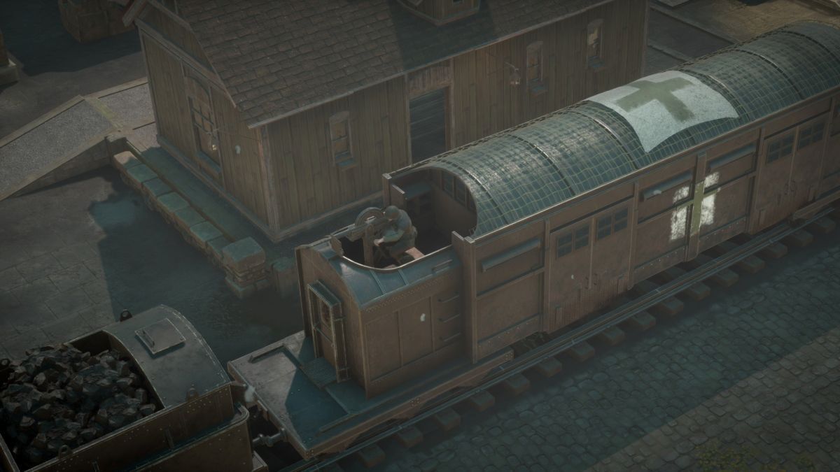 新型野战医院列车停靠在铁路线上，医护人员正在转移伤员，体现后勤支援细节