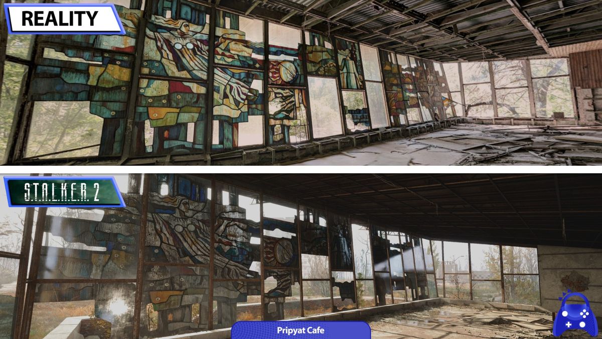 现实中的普里皮亚季文化宫外景，建筑老化严重