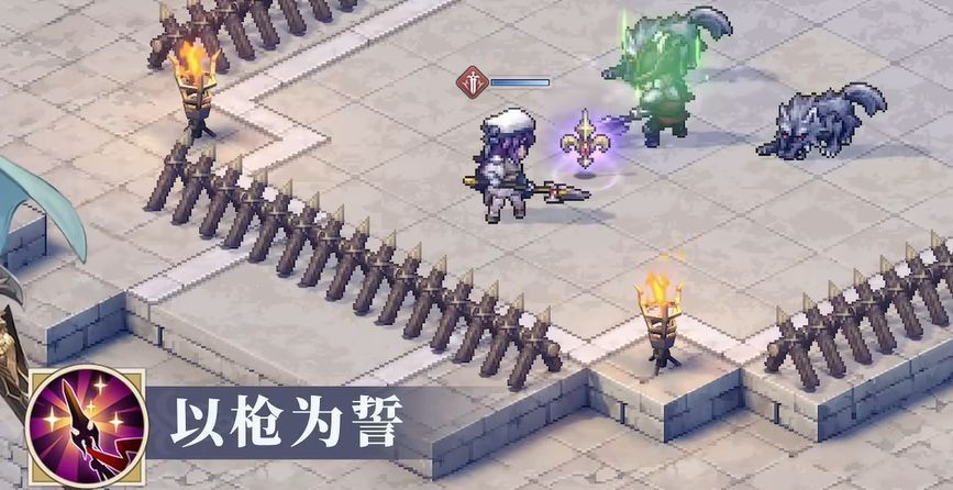 技能演示画面，伦伽勒释放范围攻击，敌人被击退并显示魔防下降状态