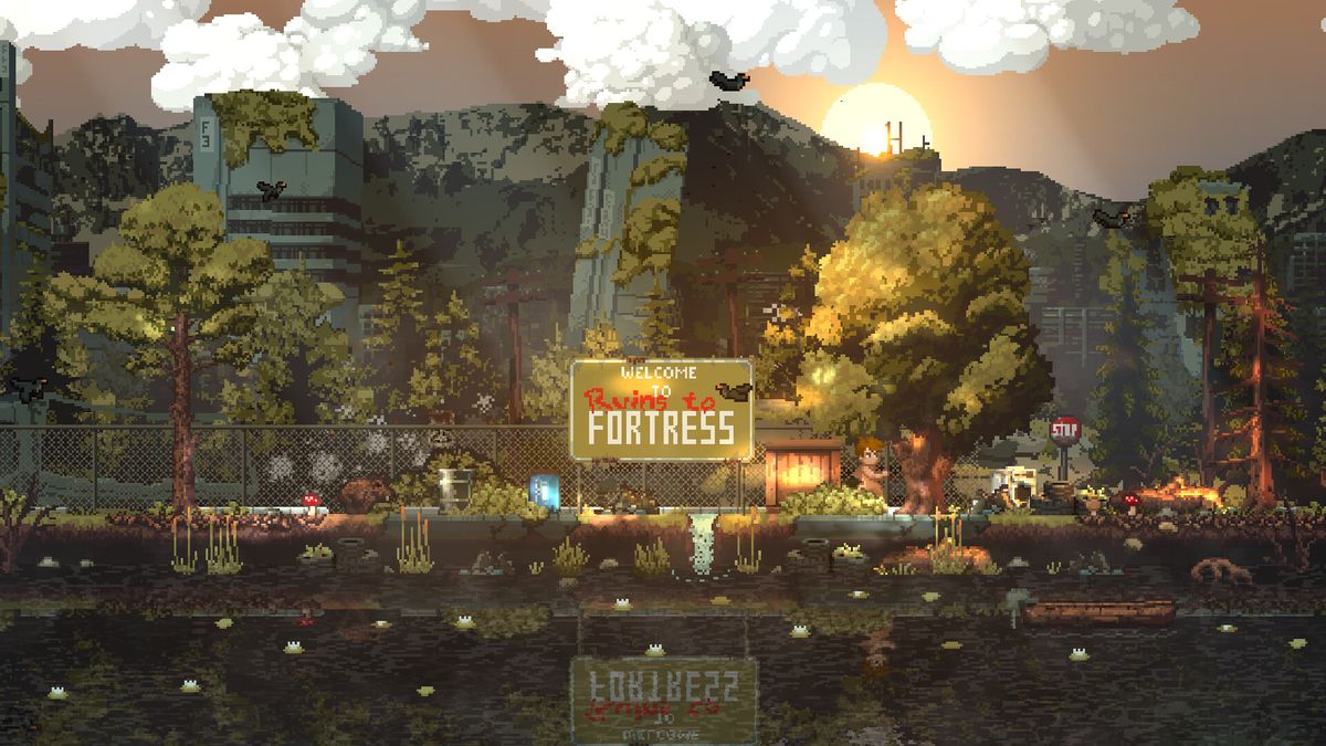 玩家在夜晚手持火把探索废墟，周围潜伏着发光双眼的野兽，氛围紧张