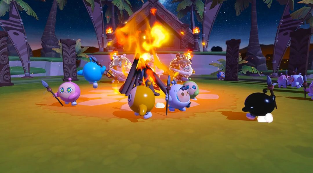 蛋仔身着原始部落服饰围绕篝火起舞，火焰映照出神秘图腾与动感剪影