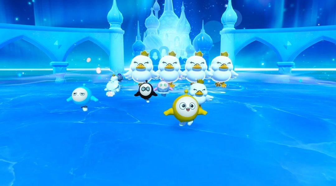 蛋仔化身为小天鹅在冰晶宫殿中起舞，四周极光流动，宛如童话梦境