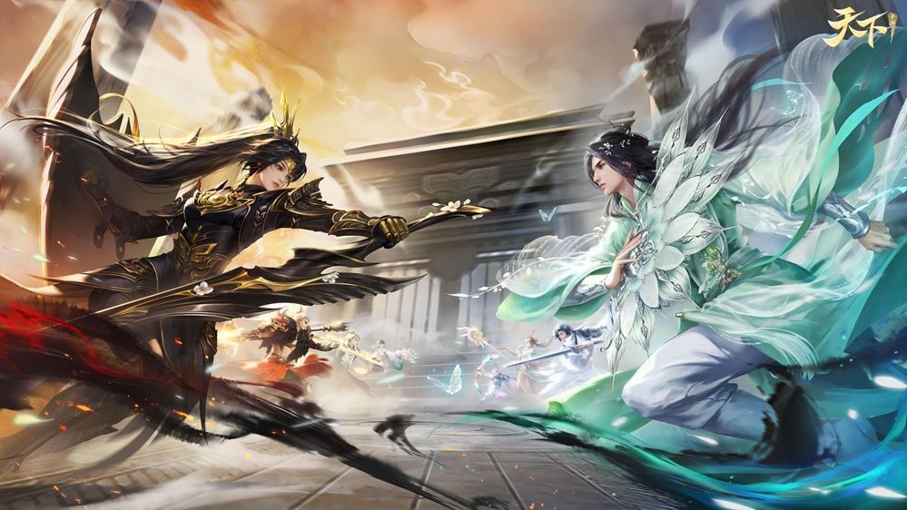 《天下》手游竞技场界面展示，高段位排行榜上角色激烈对战，背景闪烁着荣耀徽章与积分变动提示