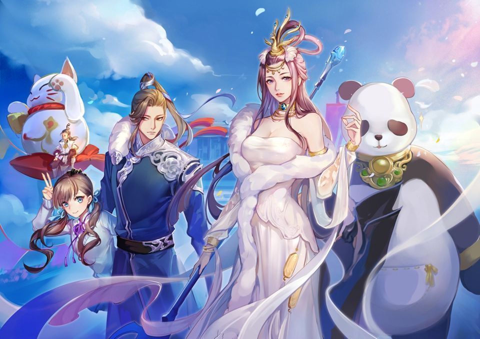 《天下》手游全新势力城战概念图，多支势力队伍在宏伟城池前激烈交锋，空中飘扬着各派旗帜