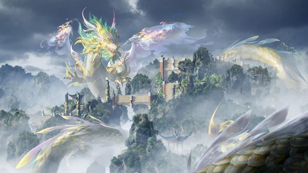 《天下》手游团队副本战斗场景，多名玩家协同对抗巨型BOSS，技能特效交织成绚丽光影