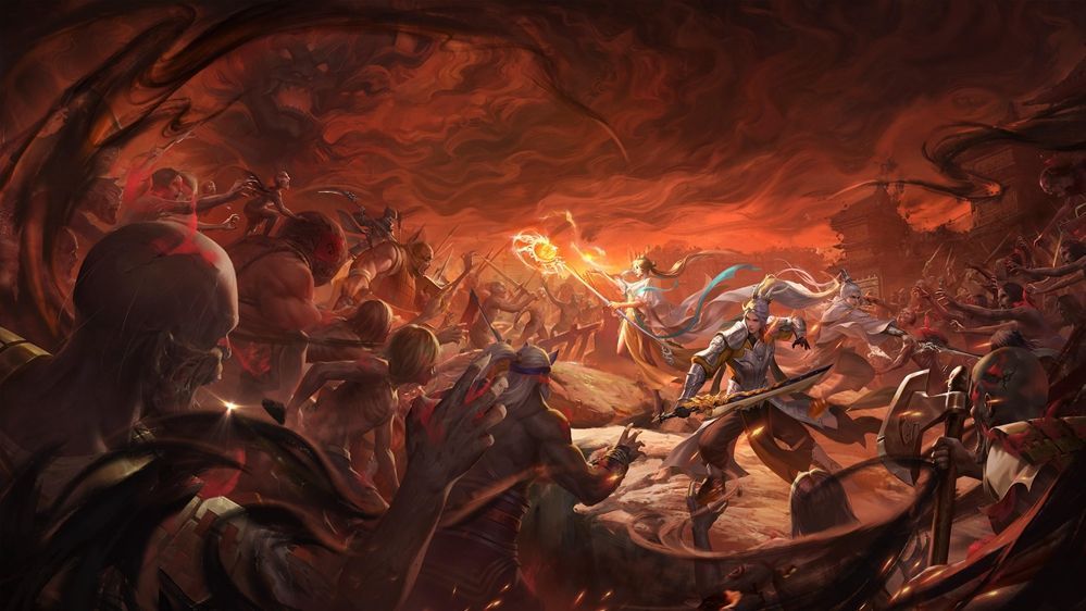 《天下》手游太古铜门BOSS战场景，玩家们合力围攻巨大铜门守护者，技能光效震撼全场