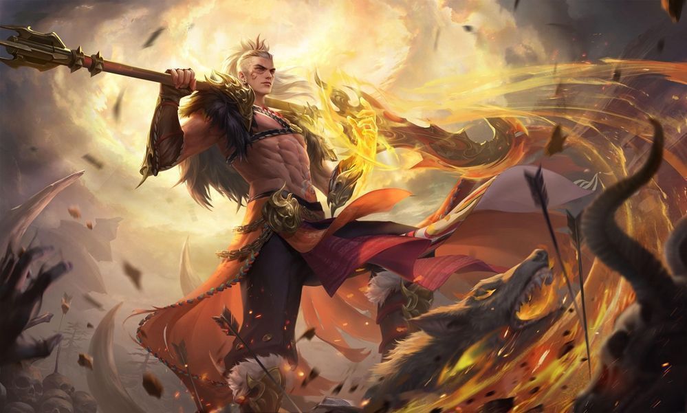 《天下》手游荒火教角色肩扛长刀行走的帅气姿态，背景为烈焰燃烧的教坛，充满豪迈气息