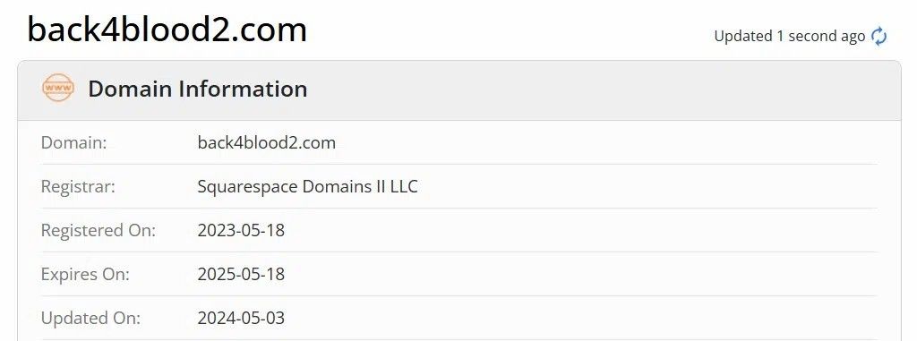 域名back4blood2.com的注册信息页面，显示其处于有效状态