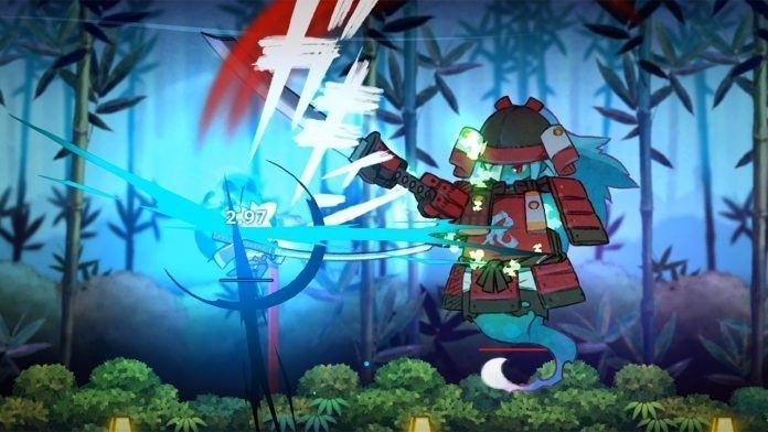 Boss战场景，巨大魔物从神社屋顶跃下，玩家角色在弹幕间灵活闪避，战斗张力十足